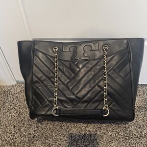 Tory Burch Black Chevron Tote with Gold Chain
